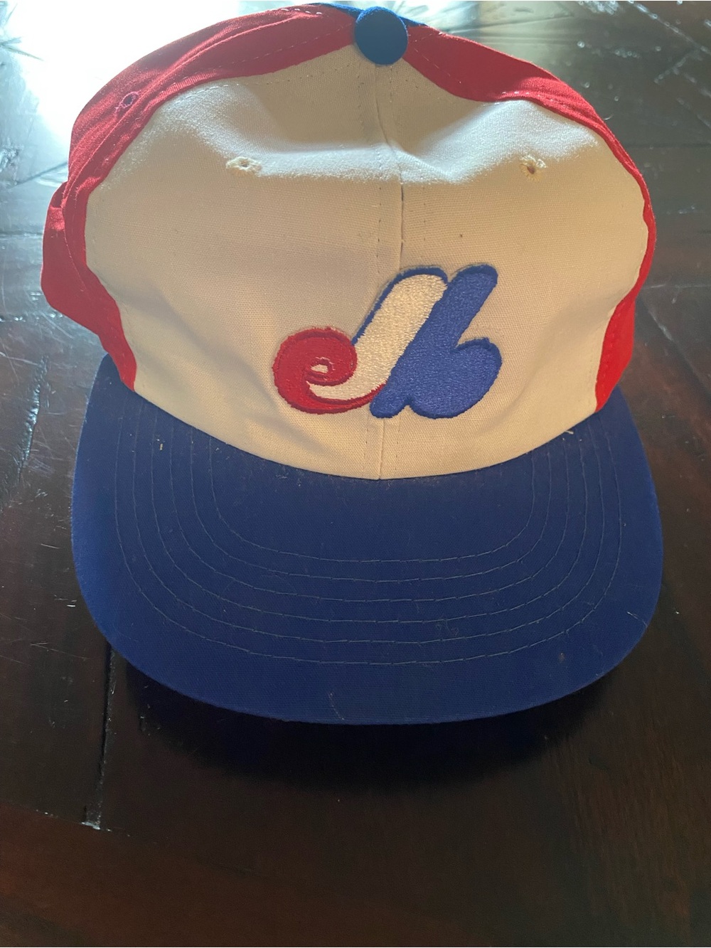 Vtg 90s Montreal Expos SnapBack Hat Tri-Color Pinwheel Midway Deadstock Clean.